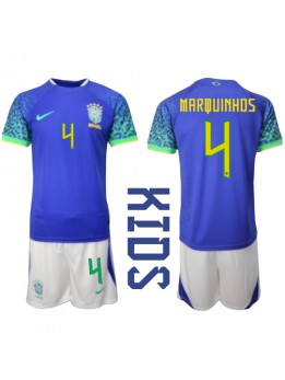 Brasilien Marquinhos #4 Replika Borta Kläder Barn VM 2022 Kortärmad (+ byxor)